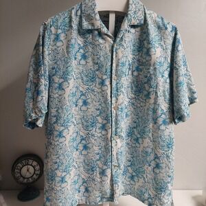 28 Palms‎ Blue Cream Shirt Size XL Linen Button Up Hawaiian Floral Breathable
